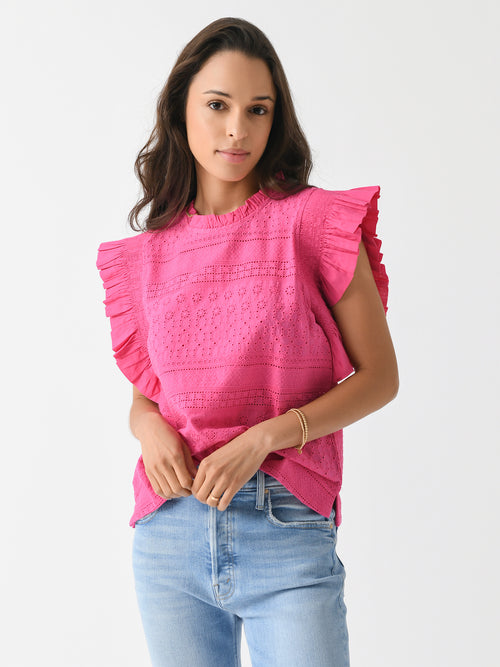 English Factory Women's Ruffle Sleeve Embroidered Cotton Top