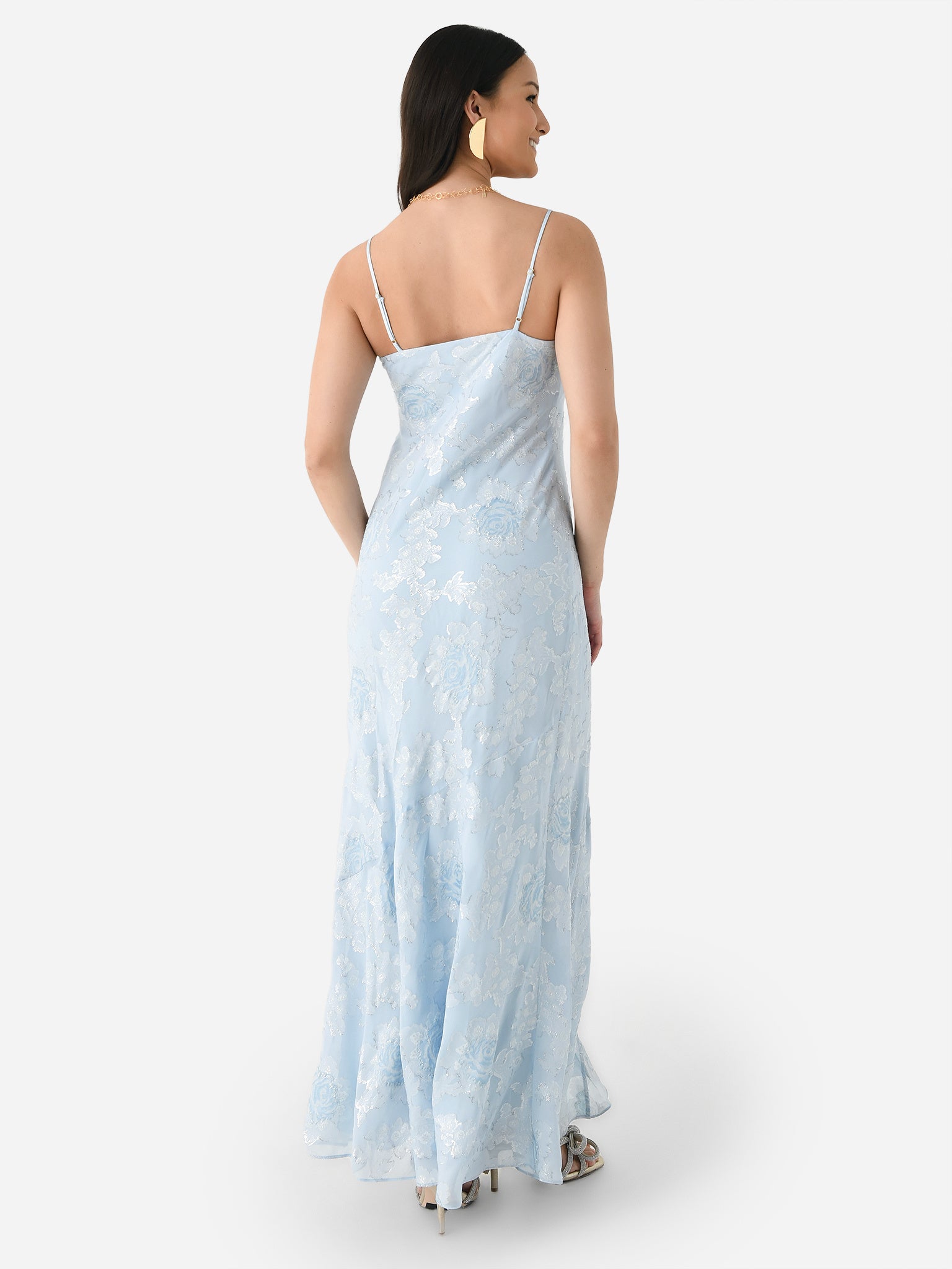 love shack fancy blue maxi dress LoveShackFancy Brinda Blue Satin Floral Formal Tie Back Halter Maxi Dress Gown