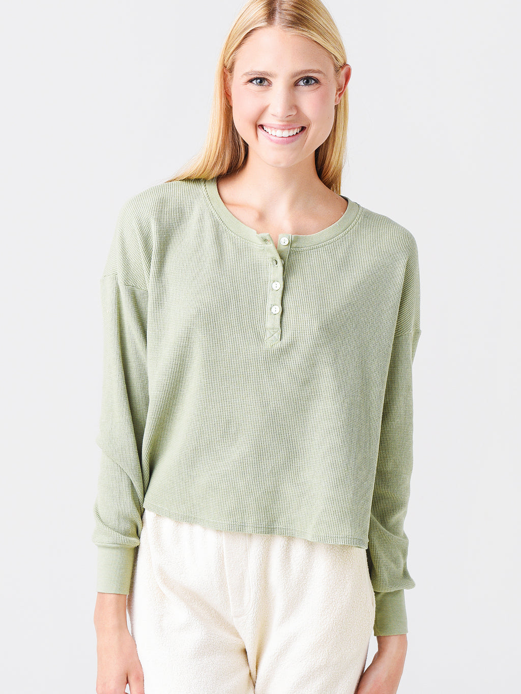 Sundry Women's Thermal Boxy Henley - Saint Bernard