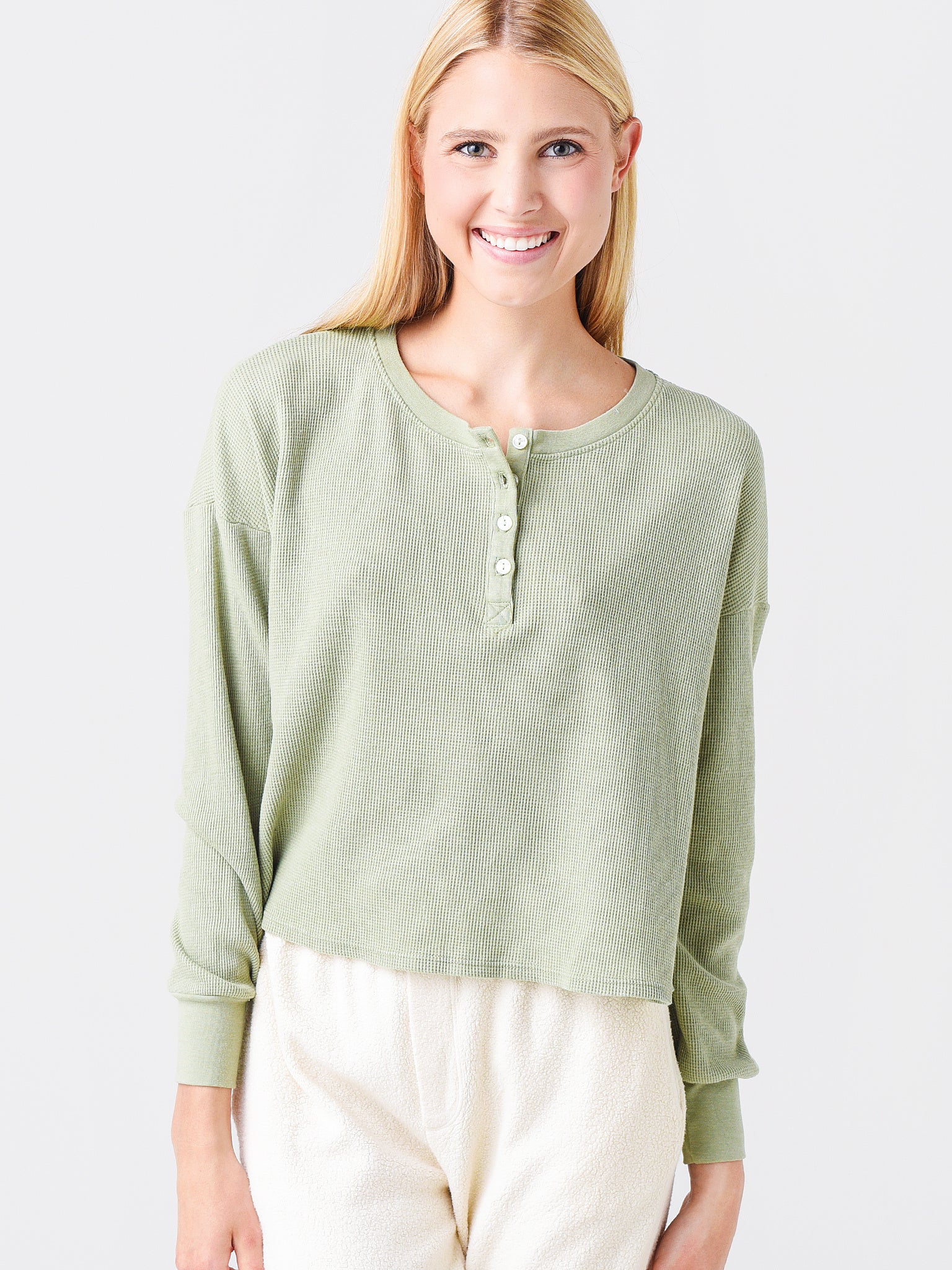 Sundry Women's Thermal Boxy Henley - Saint Bernard