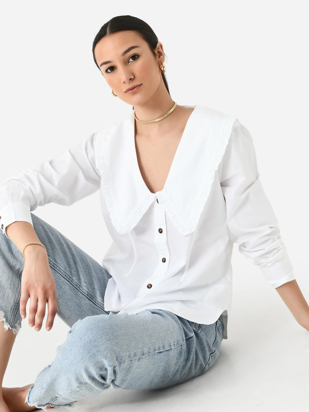 GANNI Women's Cotton Poplin V-Neck Frill Collar Shirt - Saint Bernard