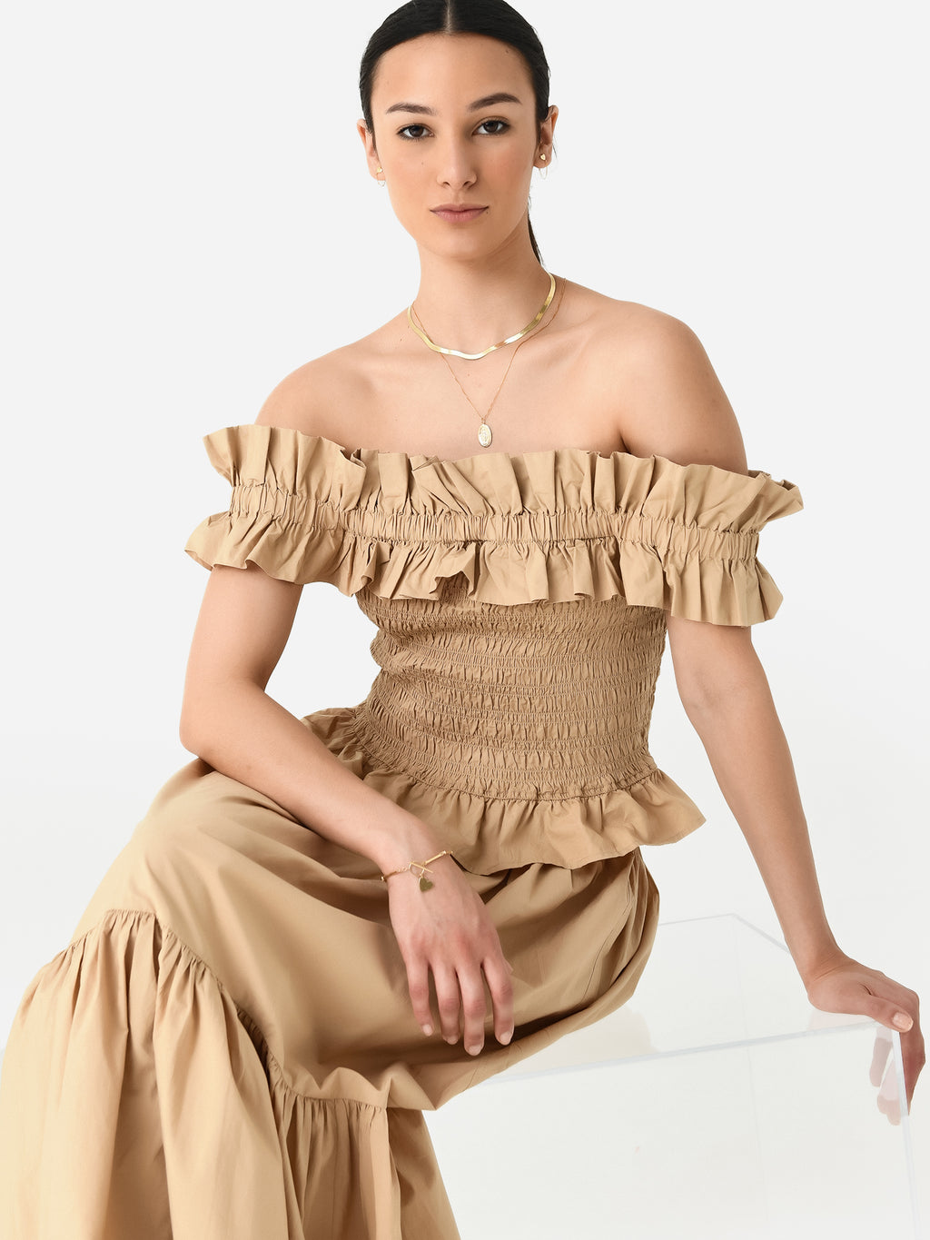 xscape long scuba off the shoulder ruffle dress Xscape Evenings 