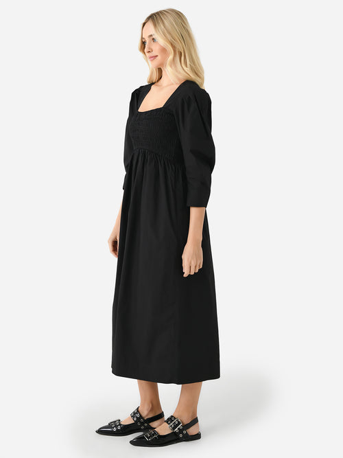 GANNI Women's Cotton Poplin Open-Neck Smock Long Dress