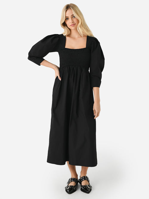 GANNI Women's Cotton Poplin Open-Neck Smock Long Dress