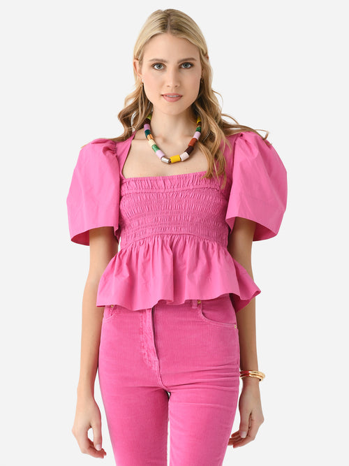 GANNI Women's Cotton Poplin Open-Neck Smock Blouse