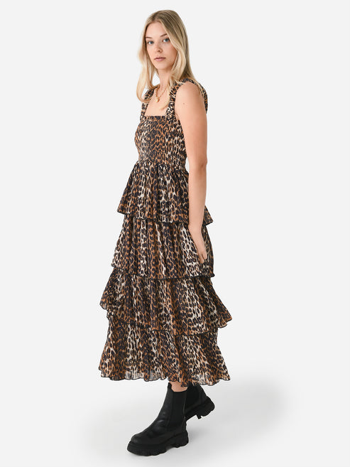 Pleated Georgette Flounce Smock Dress