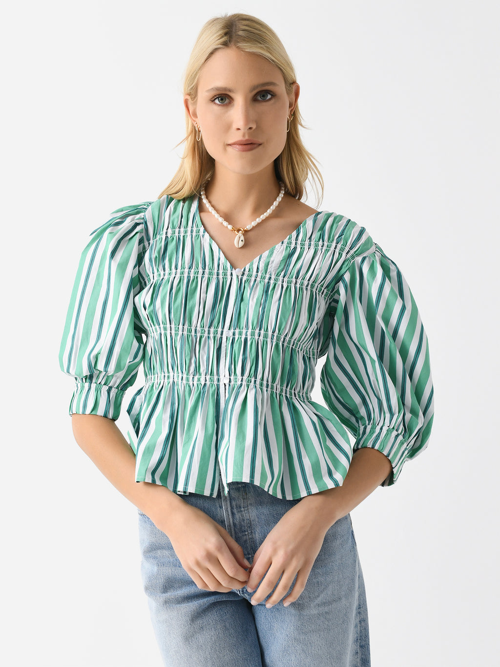 GANNI Women's Stripe Cotton Fitted Blouse - Saint Bernard