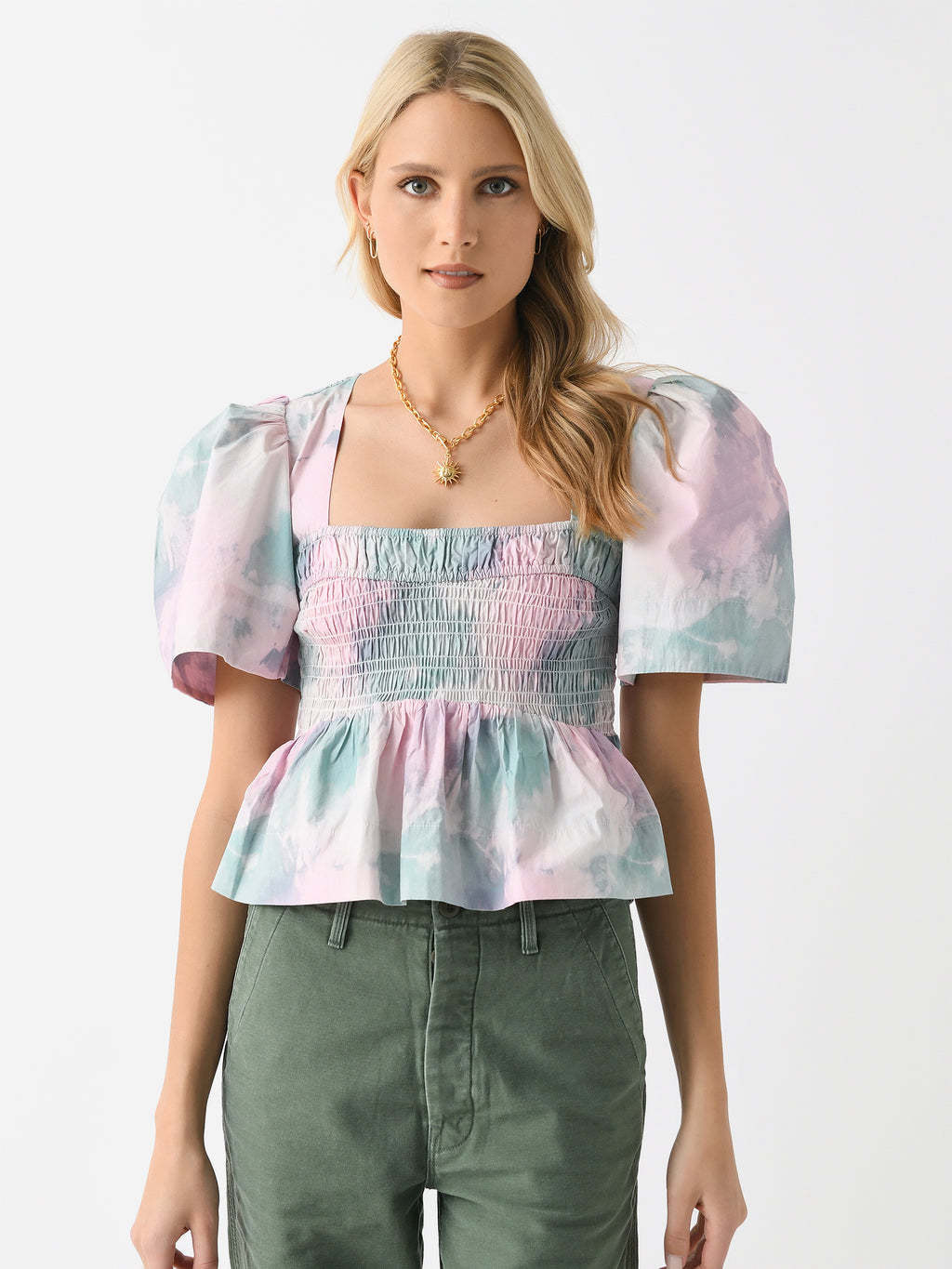 GANNI Women's Printed Cotton Open-Neck Smock Blouse - Saint Bernard