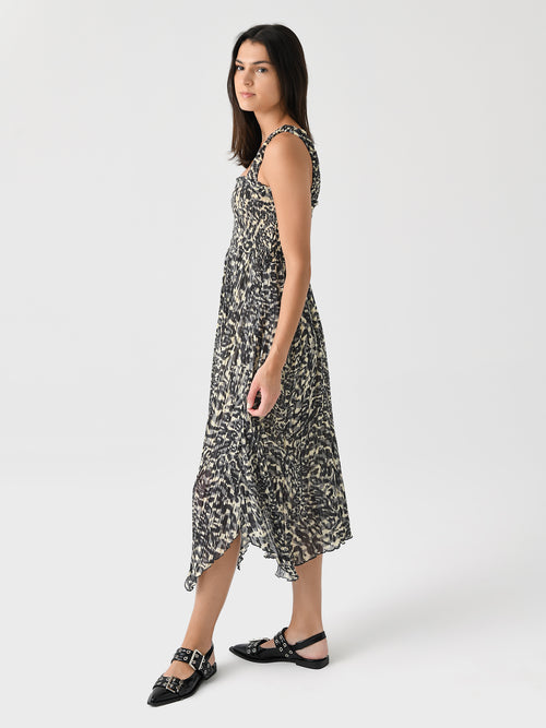 GANNI Women's Printed Pleated Georgette Smock Midi Dress