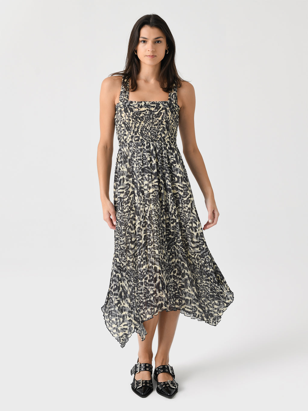 GANNI Women's Printed Pleated Georgette Smock Midi Dress - Saint Bernard