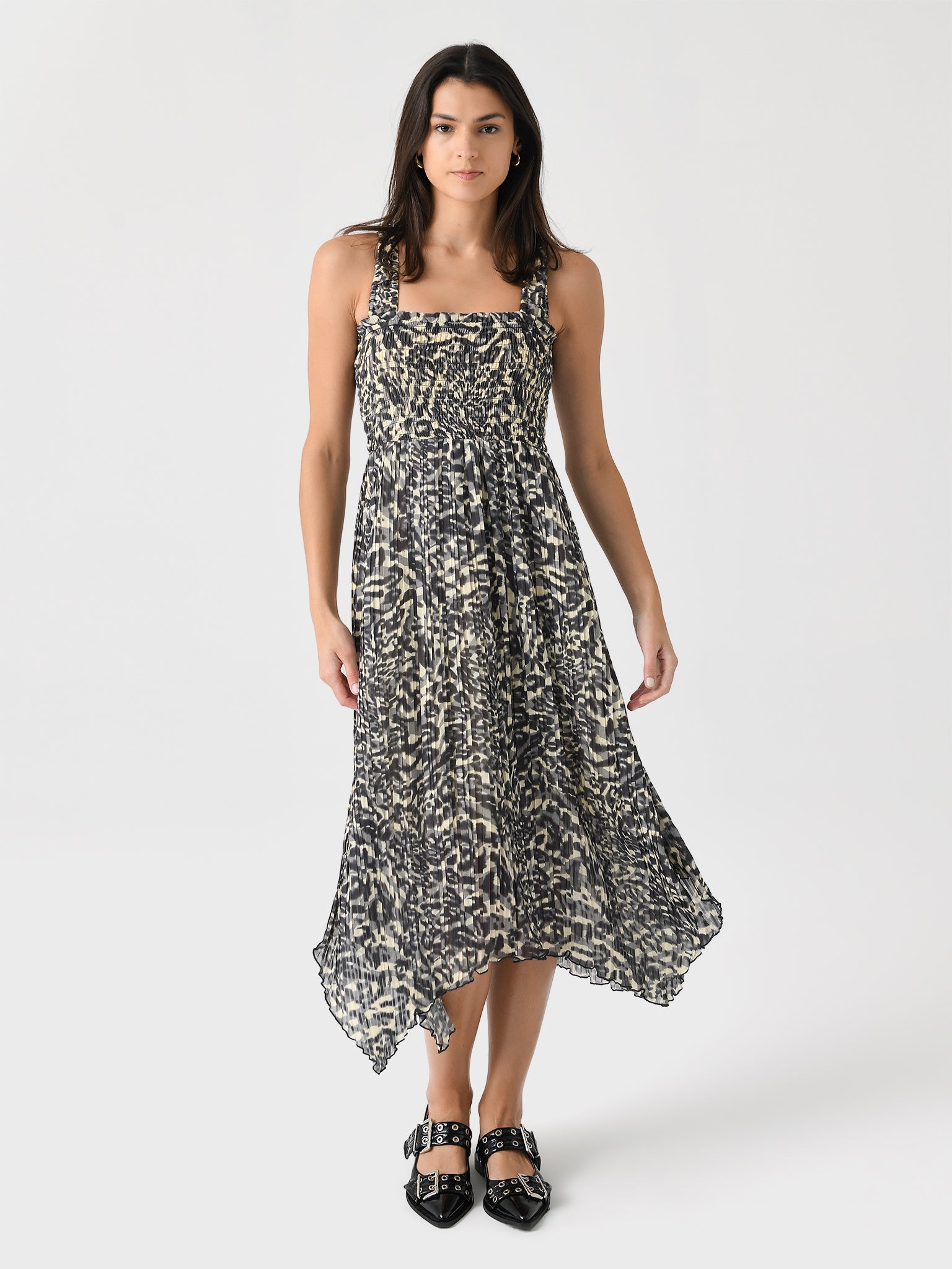 GANNI Women's Printed Pleated Georgette Smock Midi Dress - Saint Bernard