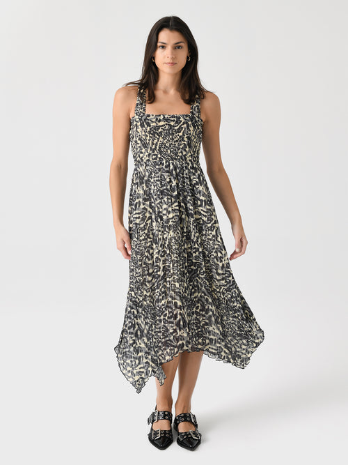 GANNI Women's Printed Pleated Georgette Smock Midi Dress