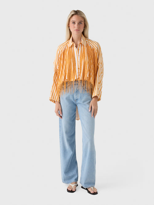 La Vie Women's Beaded Fringe Pinstripe Boyfriend Shirt