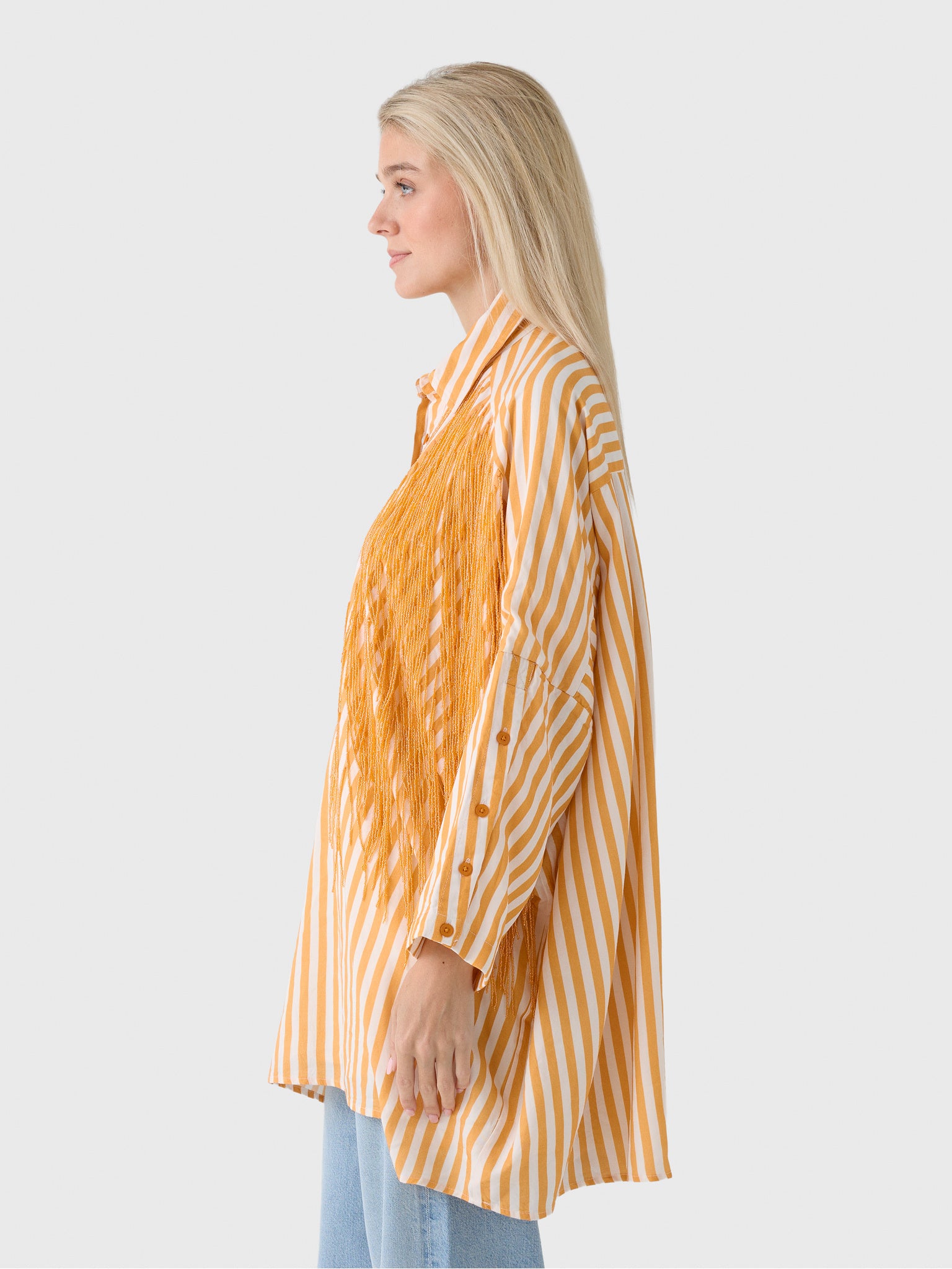 La Vie Women's Beaded Fringe Pinstripe Boyfriend Shirt - Saint Bernard