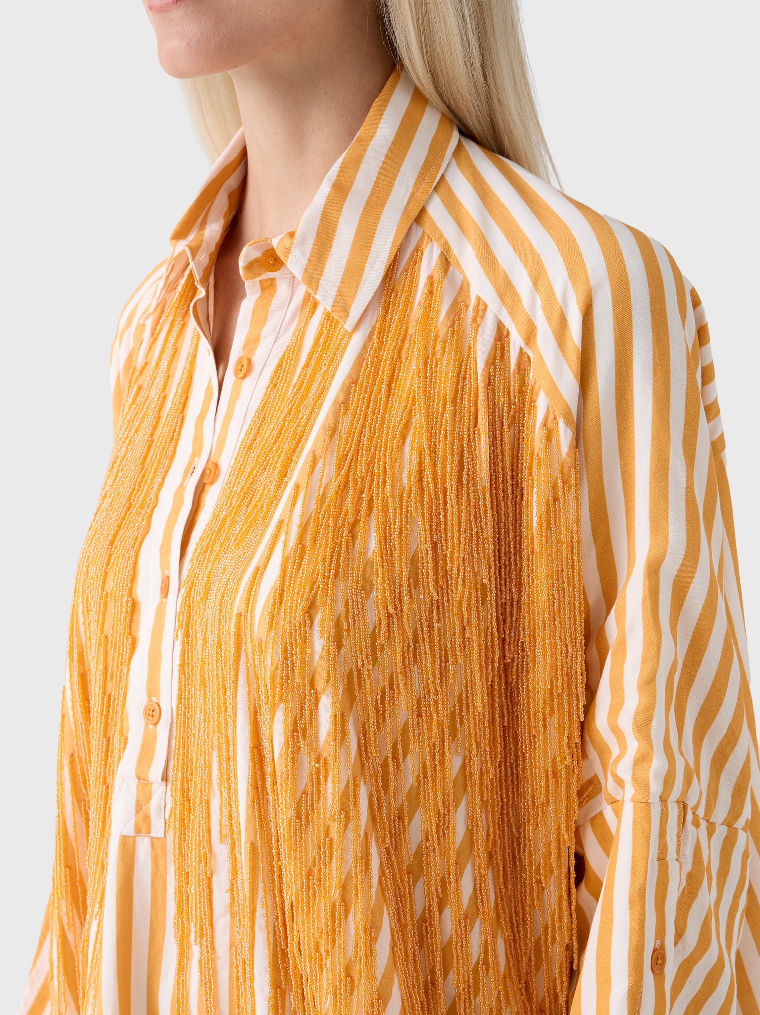 La Vie Women's Beaded Fringe Pinstripe Boyfriend Shirt - Saint Bernard