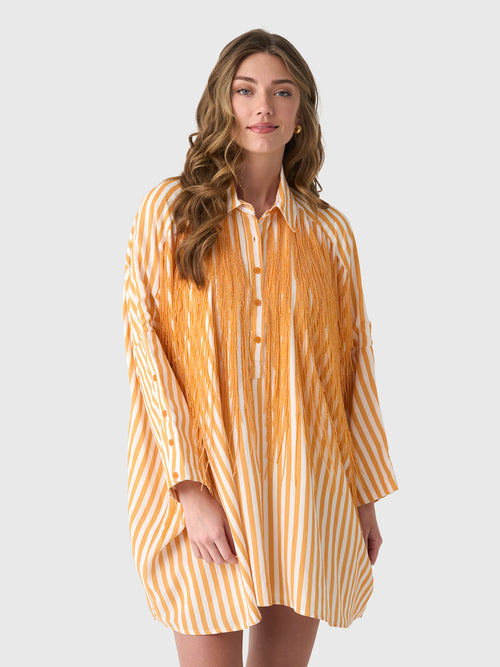 La Vie Women's Beaded Fringe Pinstripe Boyfriend Shirt