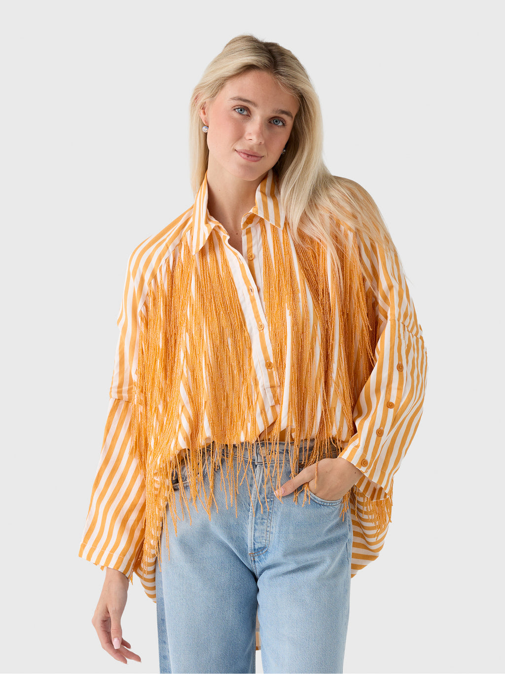 La Vie Women's Beaded Fringe Pinstripe Boyfriend Shirt - Saint Bernard
