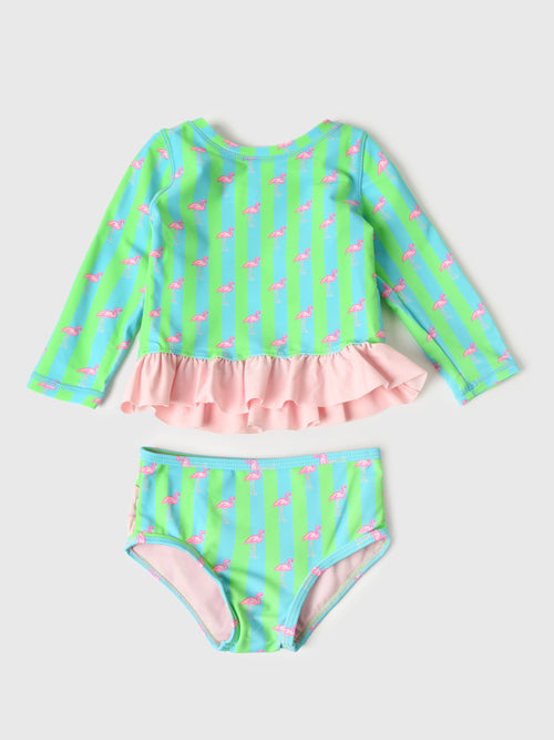 Rufflebutts Girls' Scallop Hem Long Sleeve Rash Guard Bikini Set