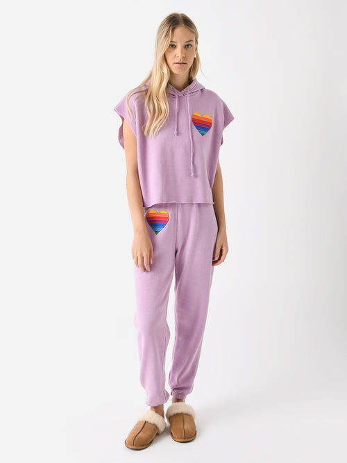 Aviator Nation Women's Rainbow Heart Stitch Sleeveless Relaxed Cropped Pullover Hoodie