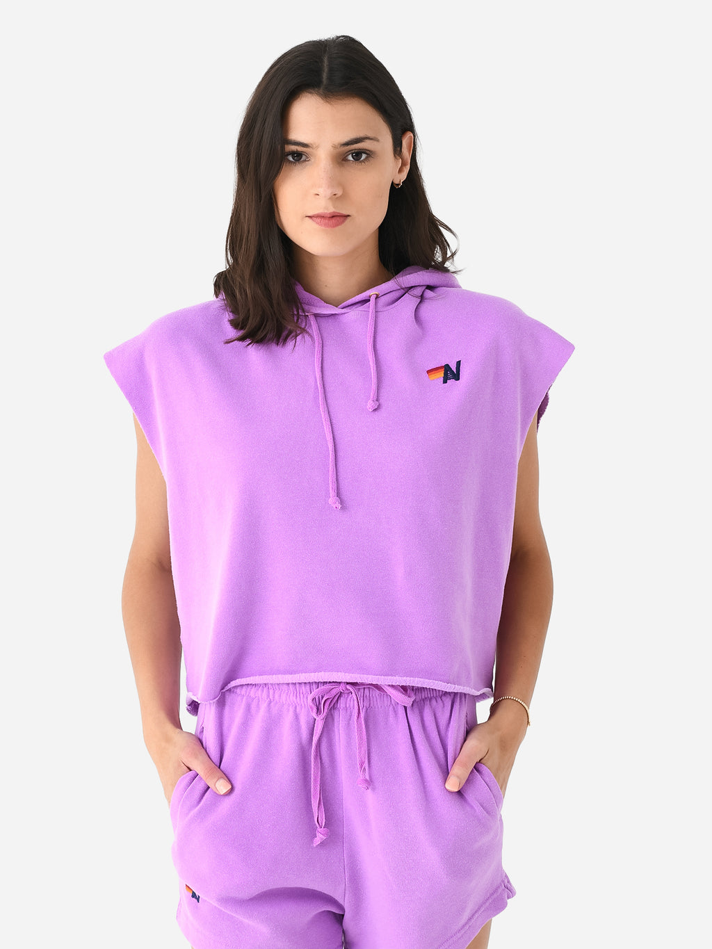 Aviator Nation Women's Logo Embroidery Sleeveless Relaxed Cropped Pullover Hoodie - Saint Bernard