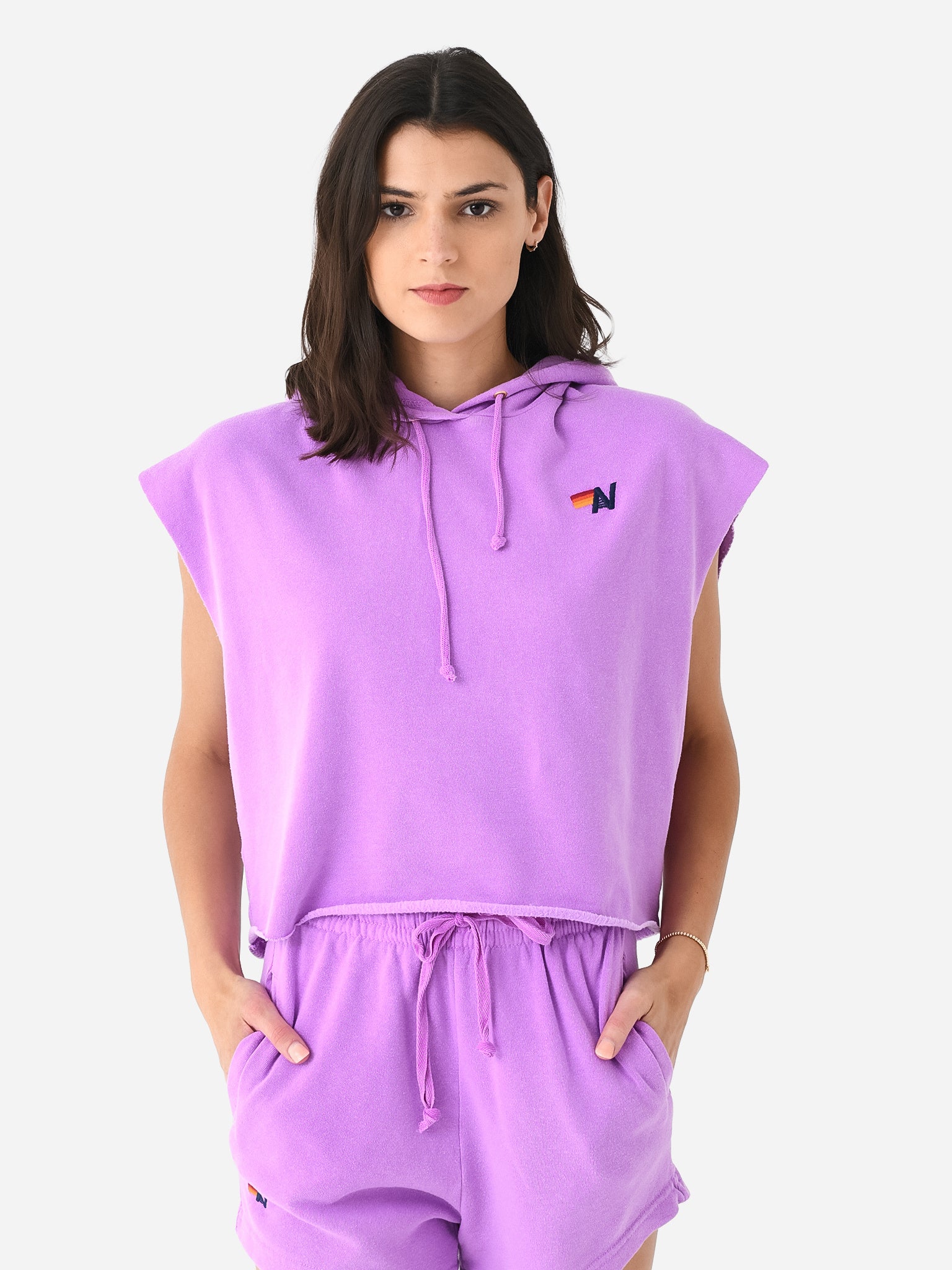 Aviator Nation Women's Logo Embroidery Sleeveless Relaxed Cropped Pullover Hoodie - Saint Bernard