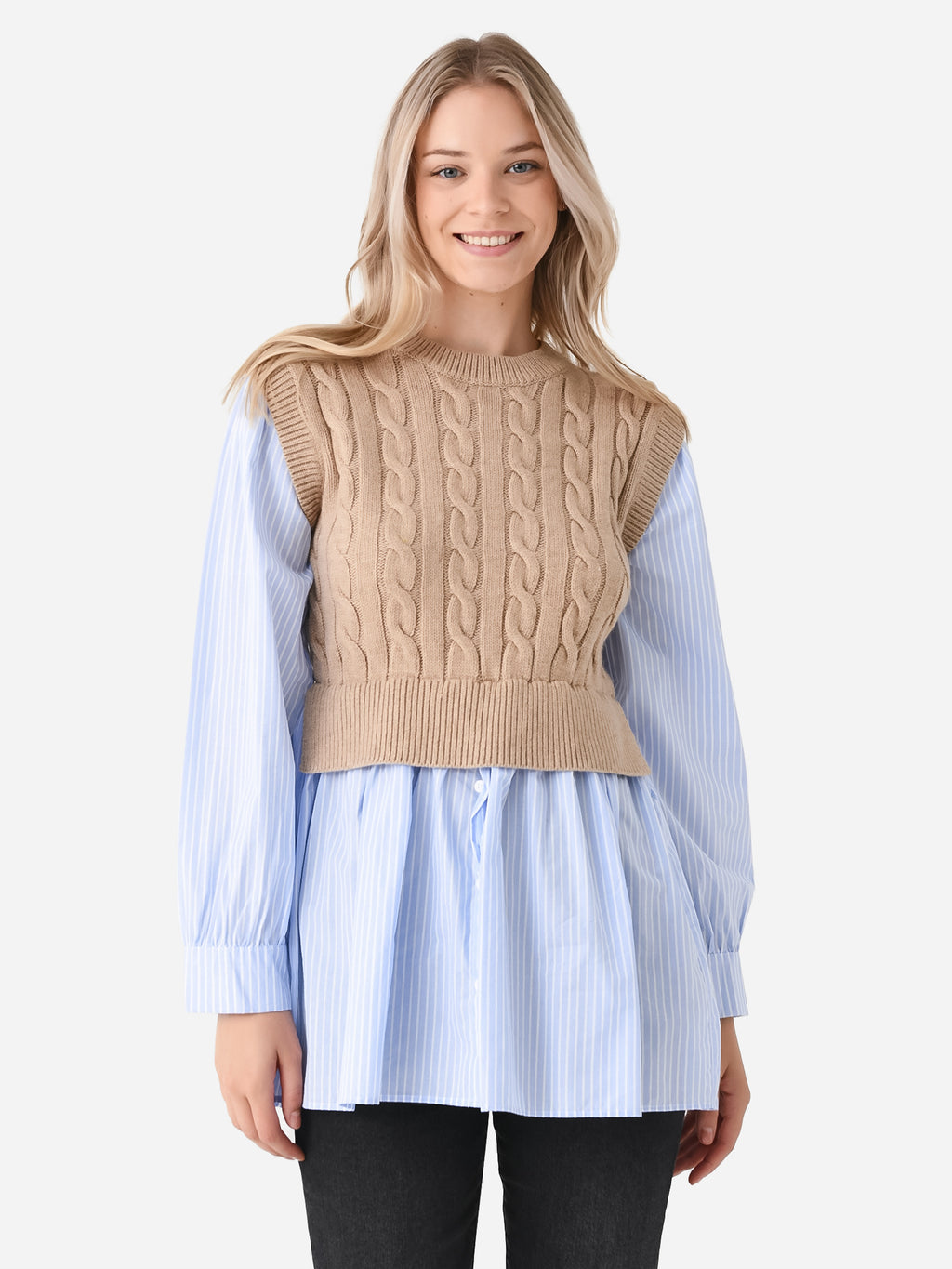 English Factory Women's Cable Knit Long Striped Shirt - Saint Bernard