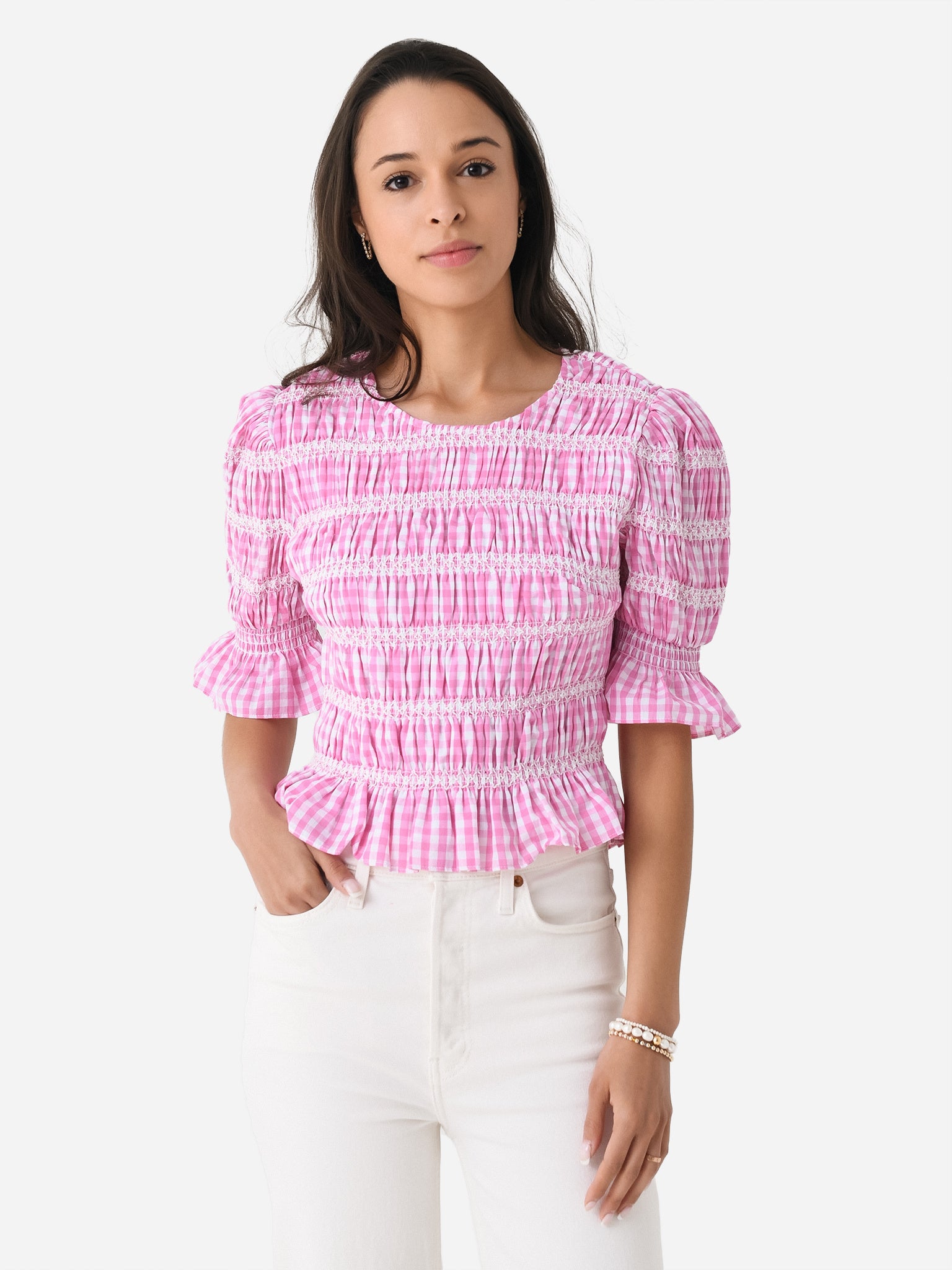 English Factory Women's Gingham Smocked Puff Sleeve Top - Saint Bernard