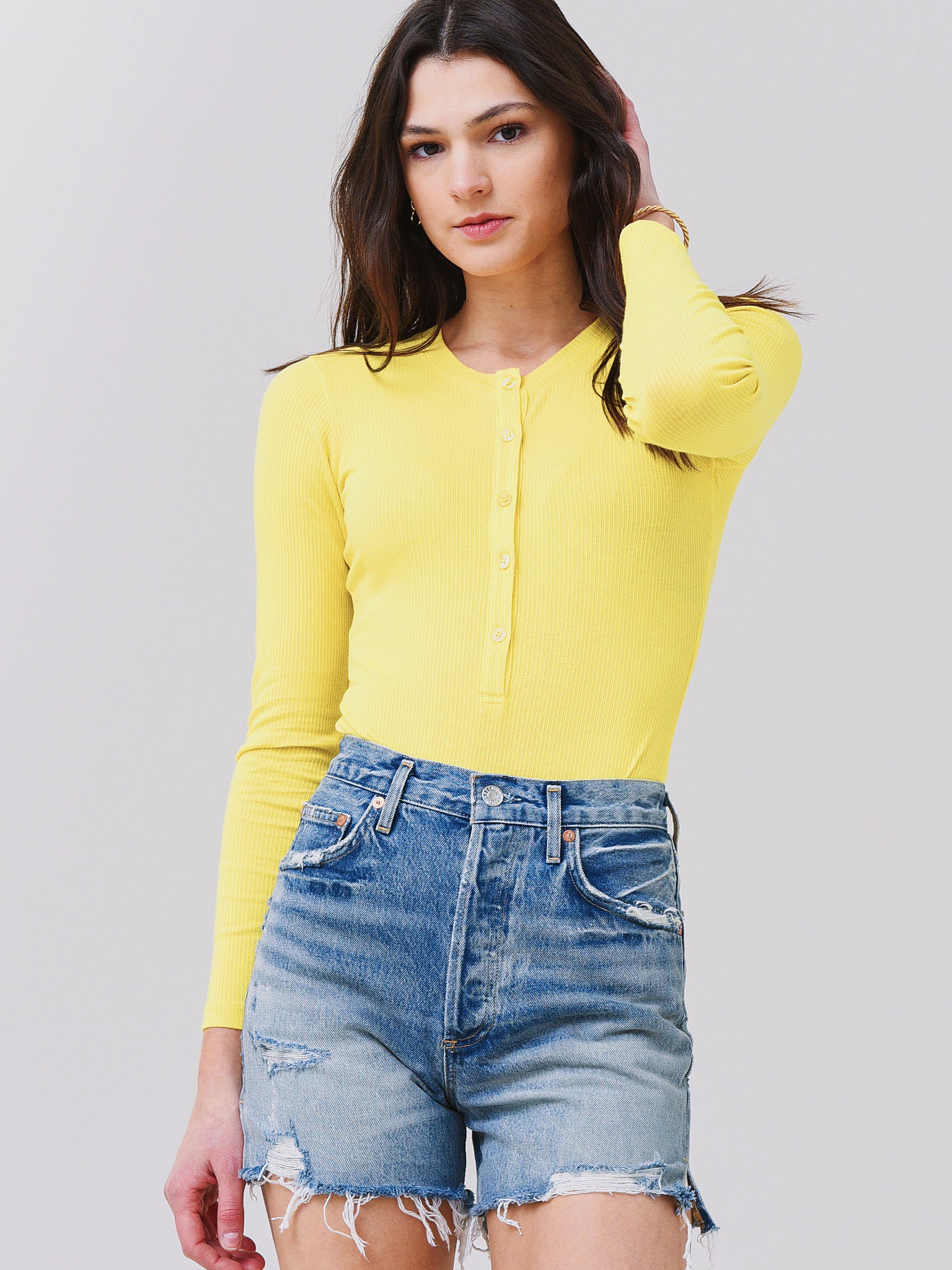 Monrow Women's Long Sleeve Rib Henley Bodysuit - Saint Bernard