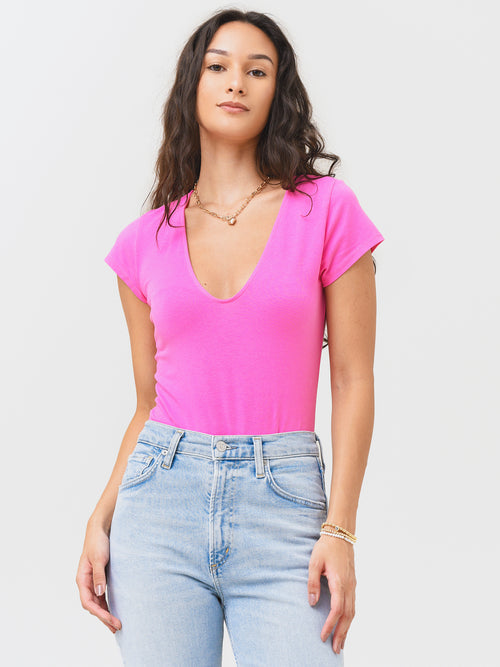 Monrow Women's Cap Sleeve V-Neck Bodysuit