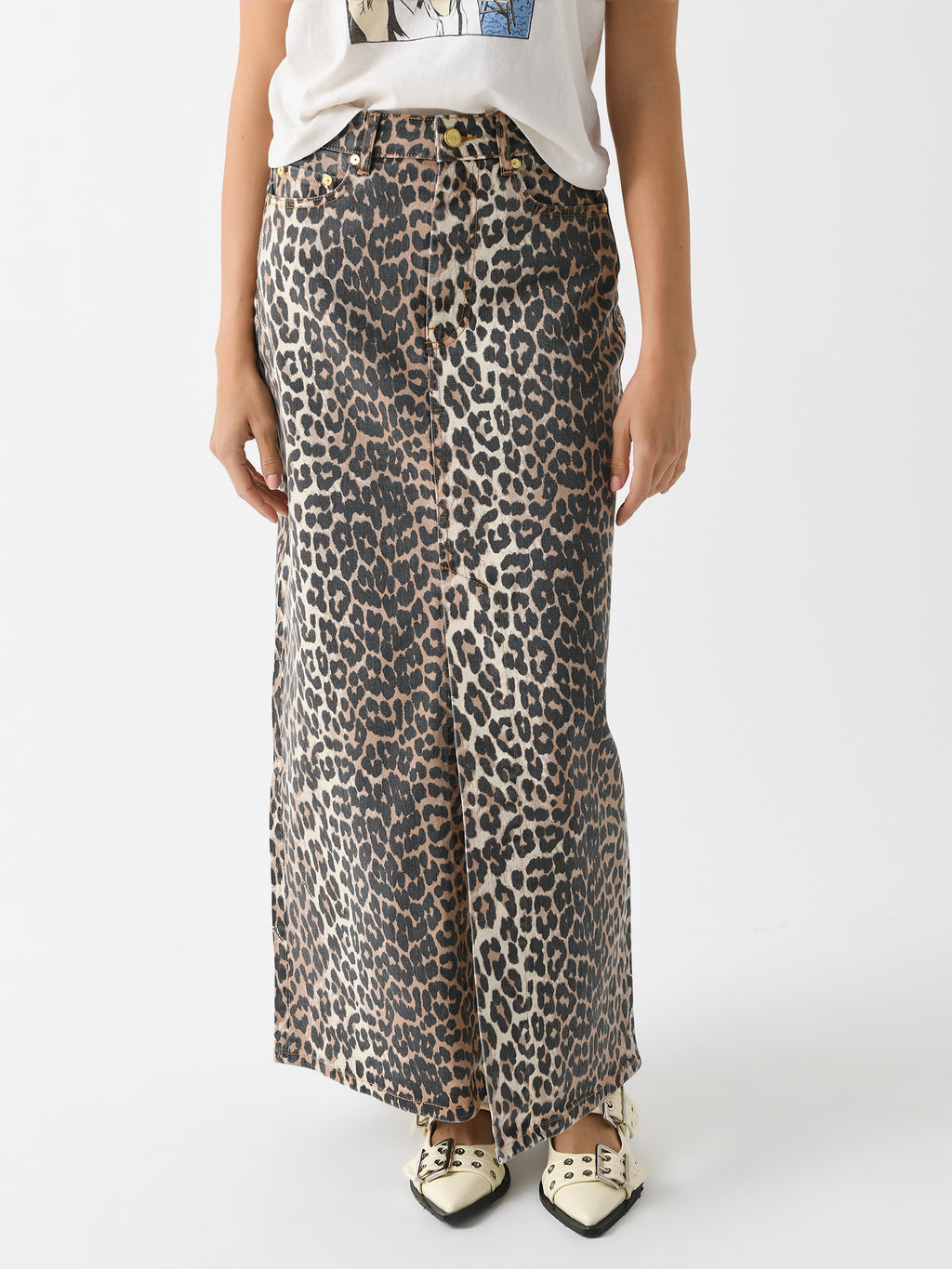 GANNI Women's Printed Denim Maxi Slit Skirt - Saint Bernard