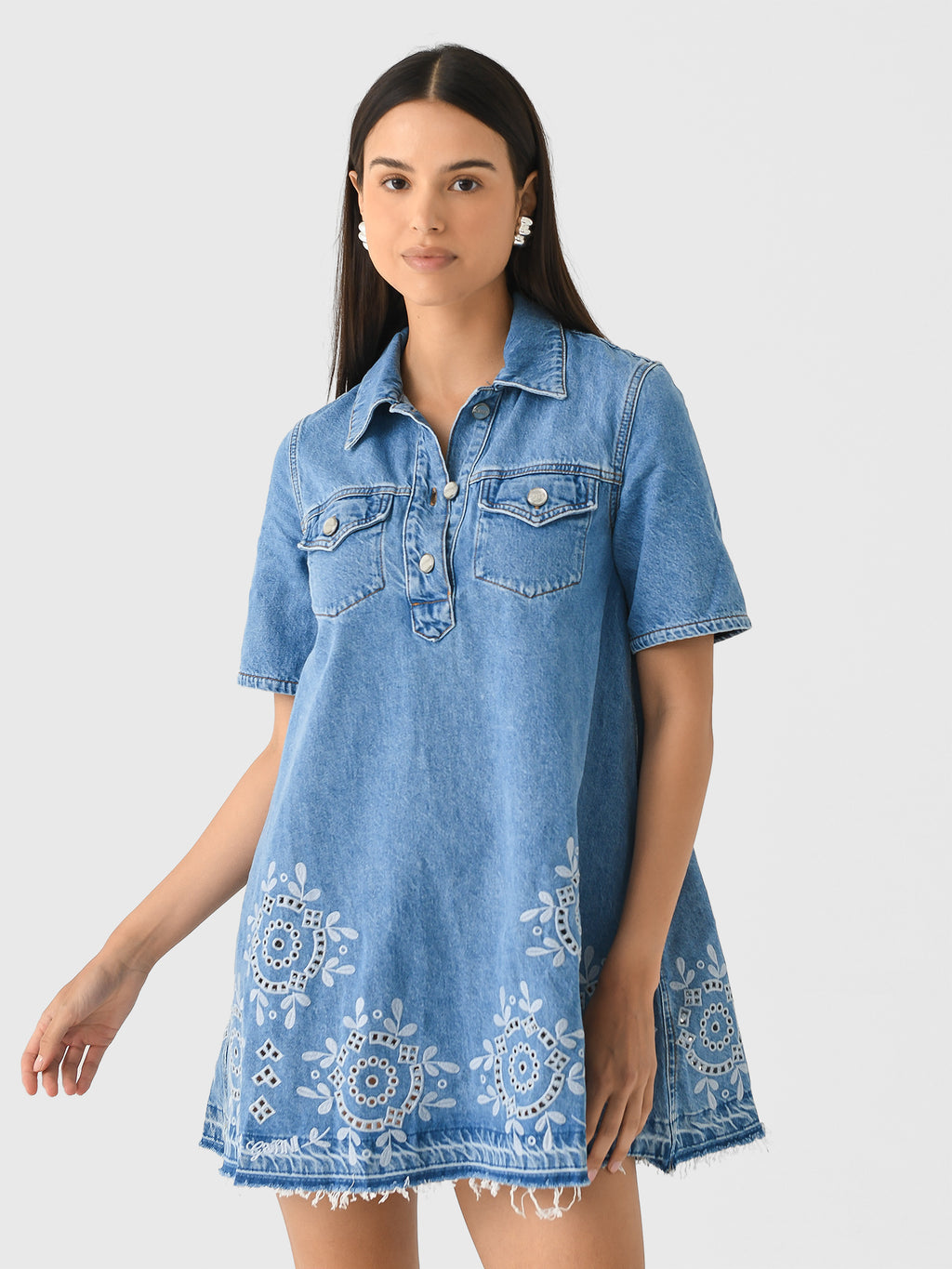 GANNI Women's Broderie Anglaise Denim Mini Dress - Saint Bernard