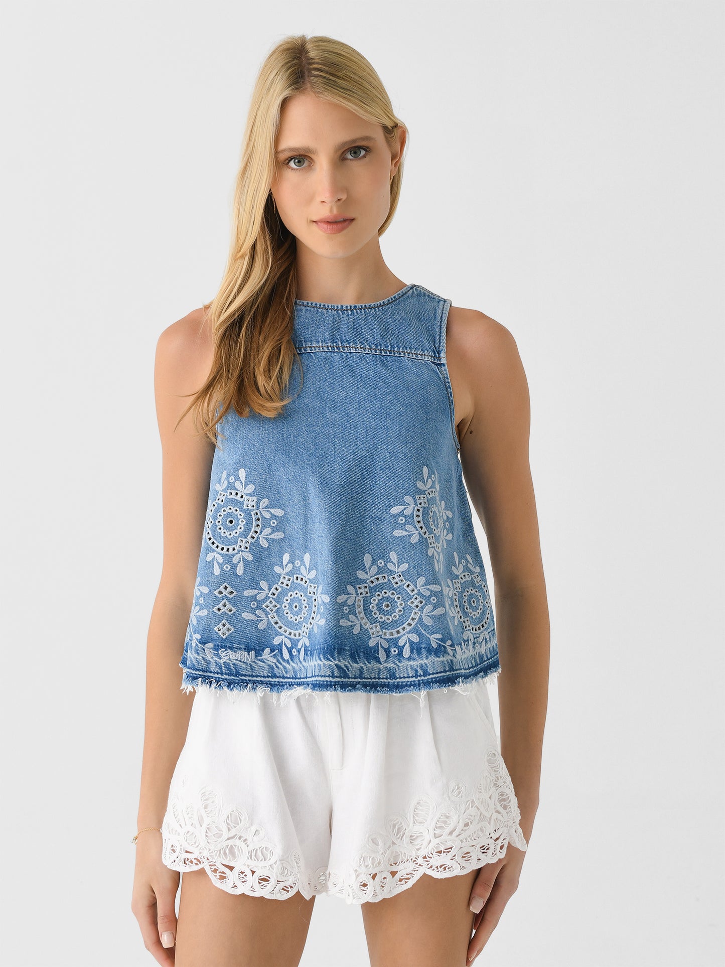 GANNI Women's Broderie Anglaise Denim Top - Saint Bernard