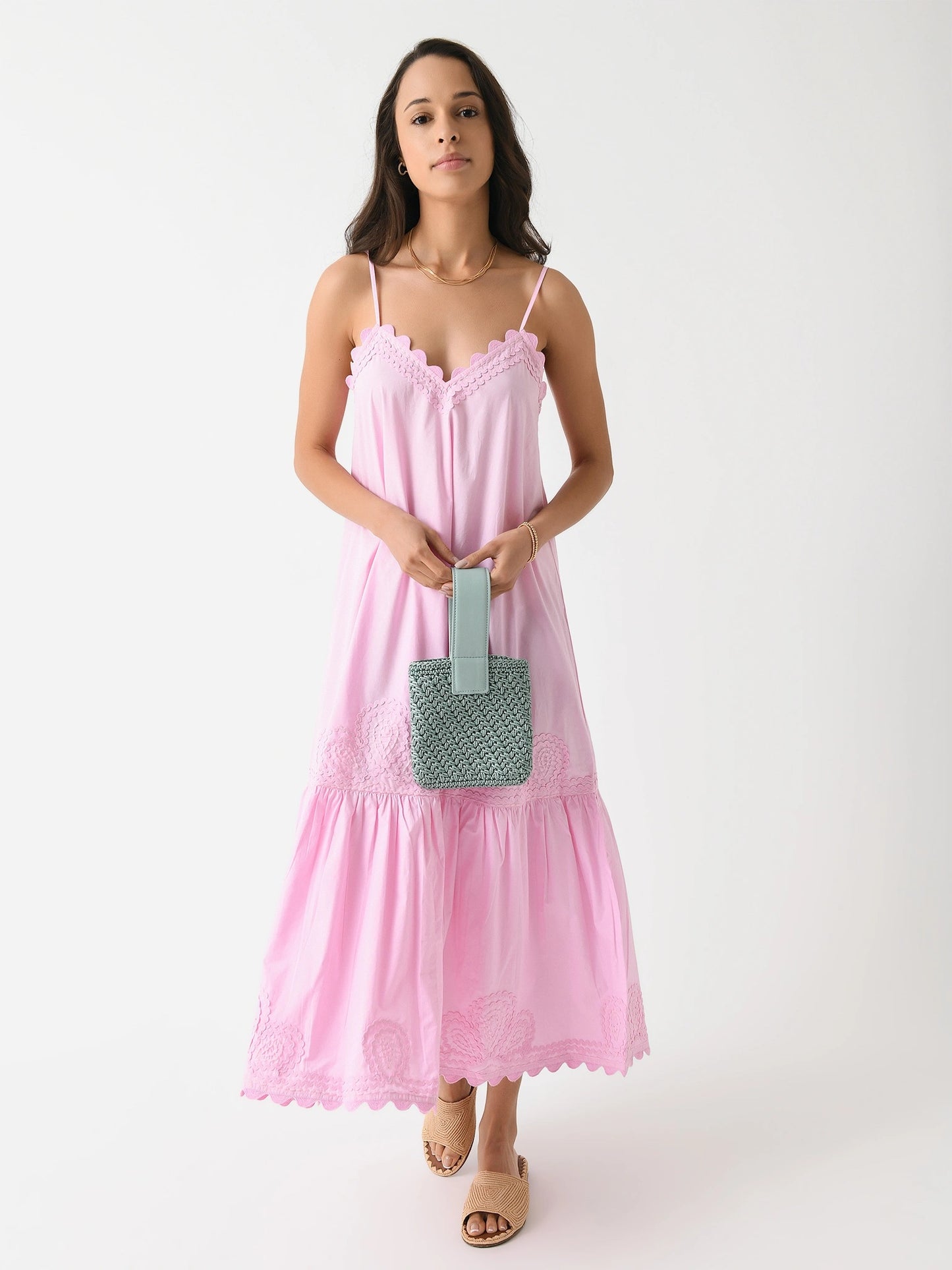 Juliet Dunn Women's Poplin V-Neck Ric Rac Embroidered Midi Dress - Saint Bernard