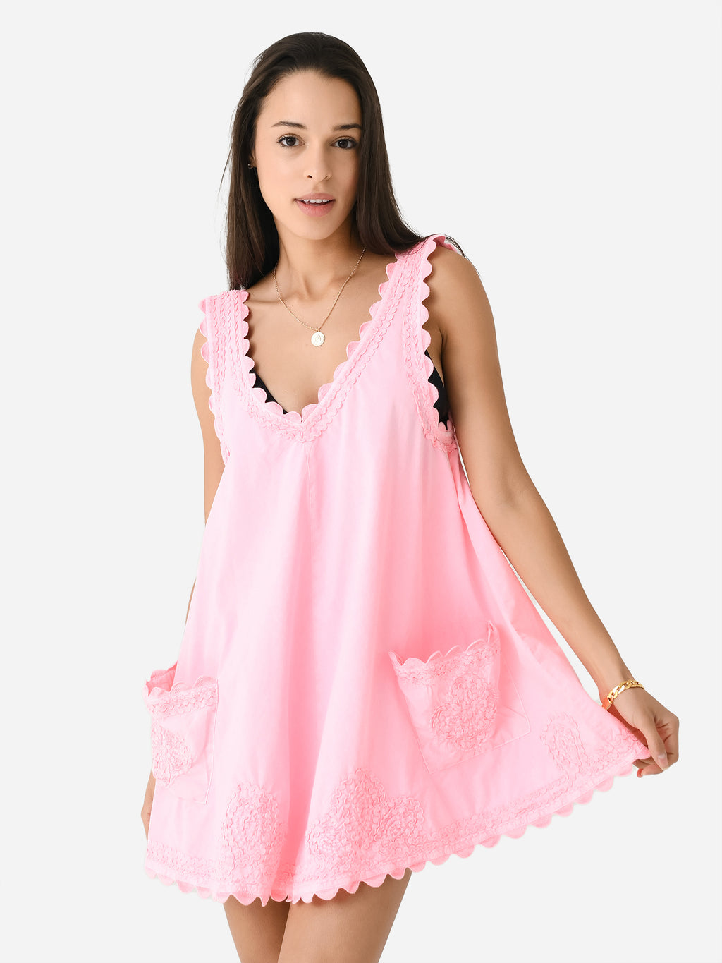 Juliet Dunn Women's Poplin Low Back Ric Rac Embroidered Dress - Saint Bernard