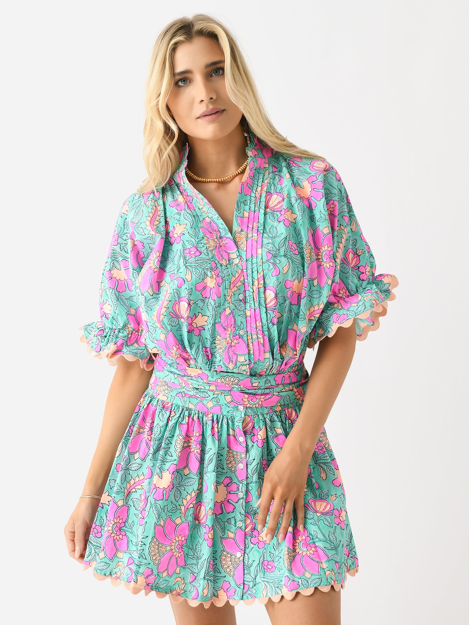 Juliet Dunn Women's Block Print Poplin Blouson Dress