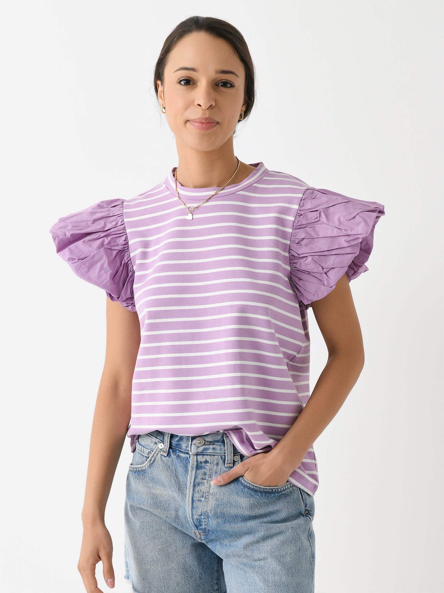 English Factory Women's Stripe Knit Poplin Puff Sleeve Top - Saint Bernard
