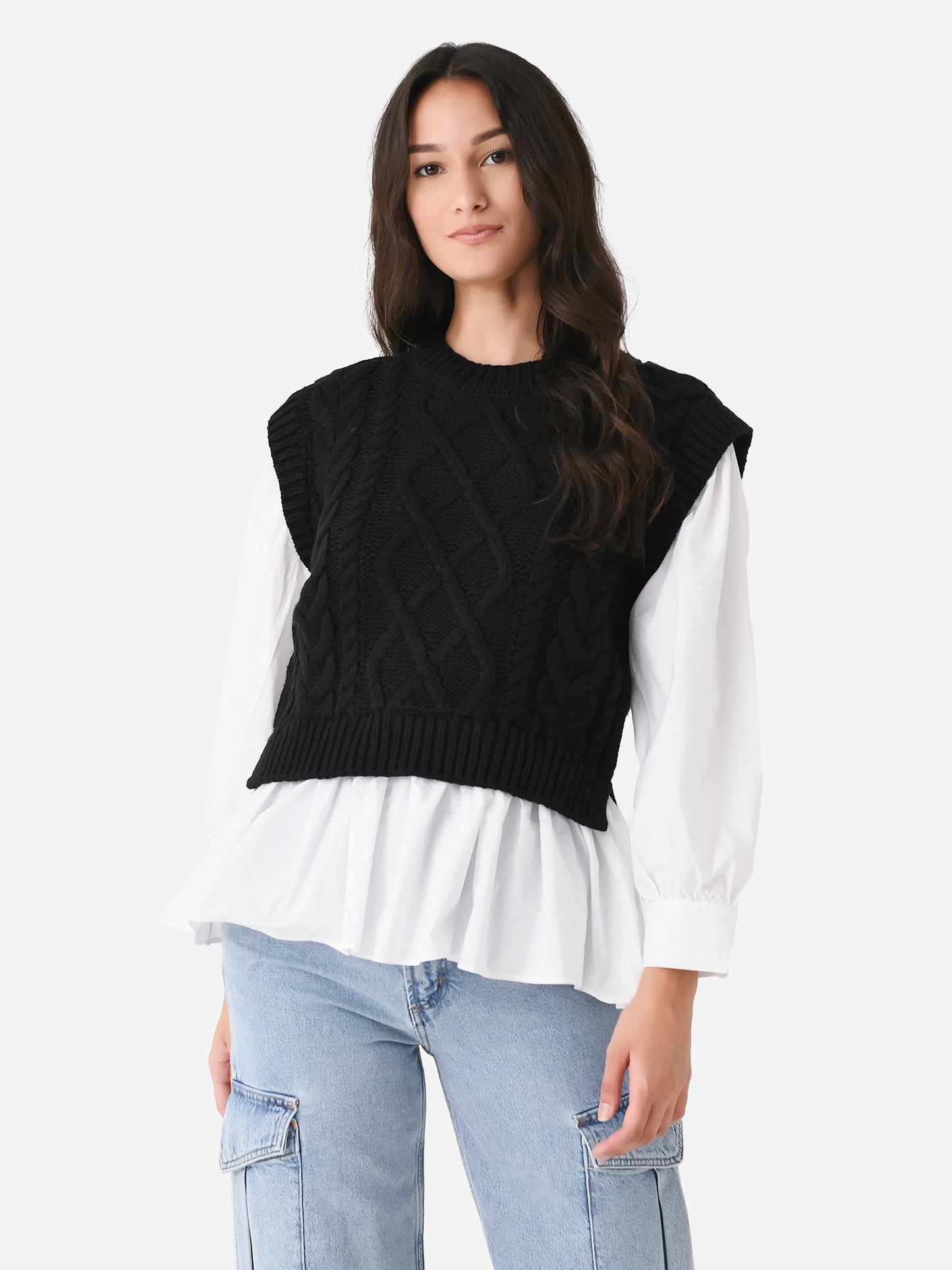 English Factory Women's Mixed Media Cable Detail Sweater