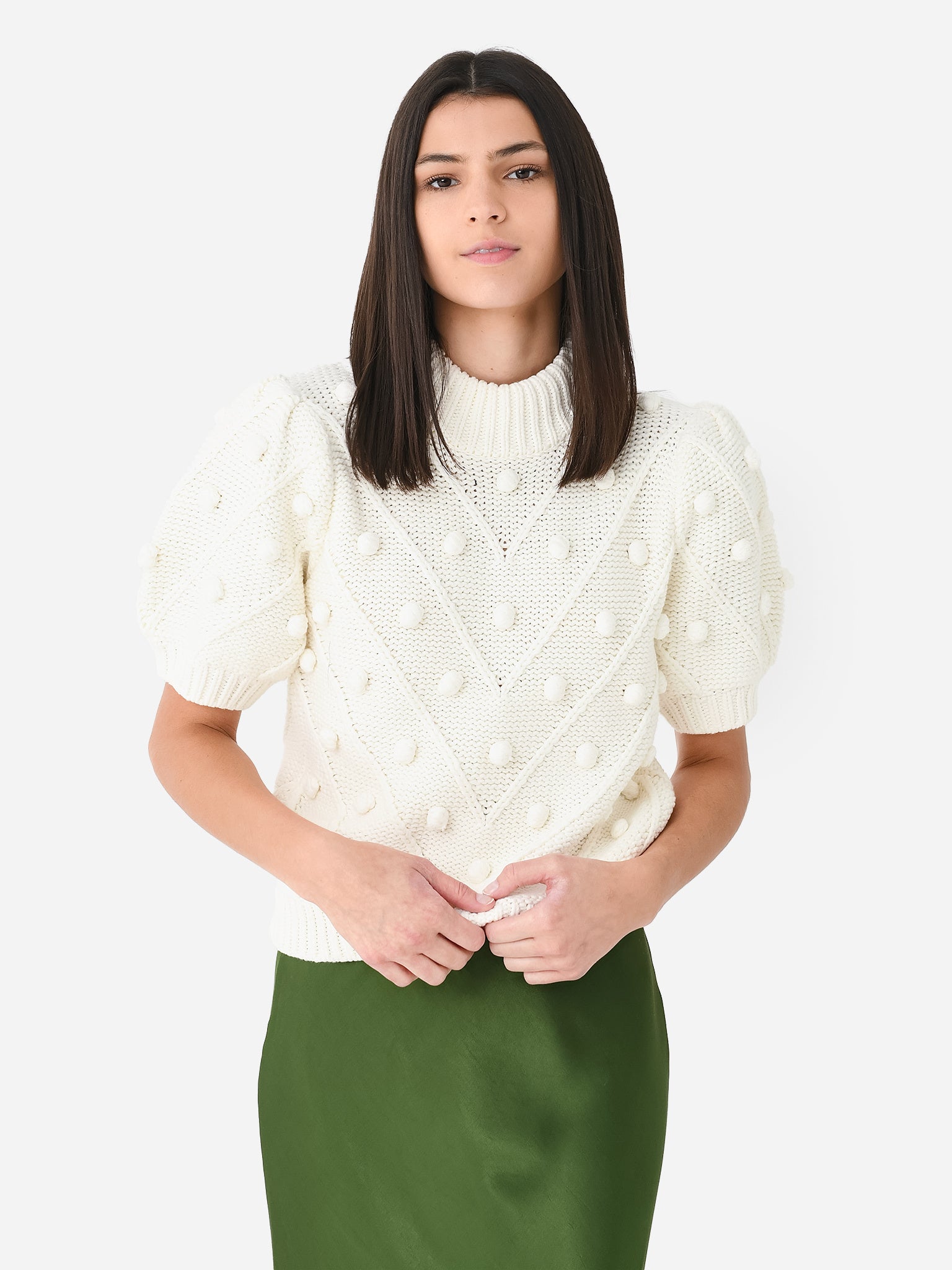 English Factory Women's Pom Pom Puff Sleeve Sweater - Saint Bernard