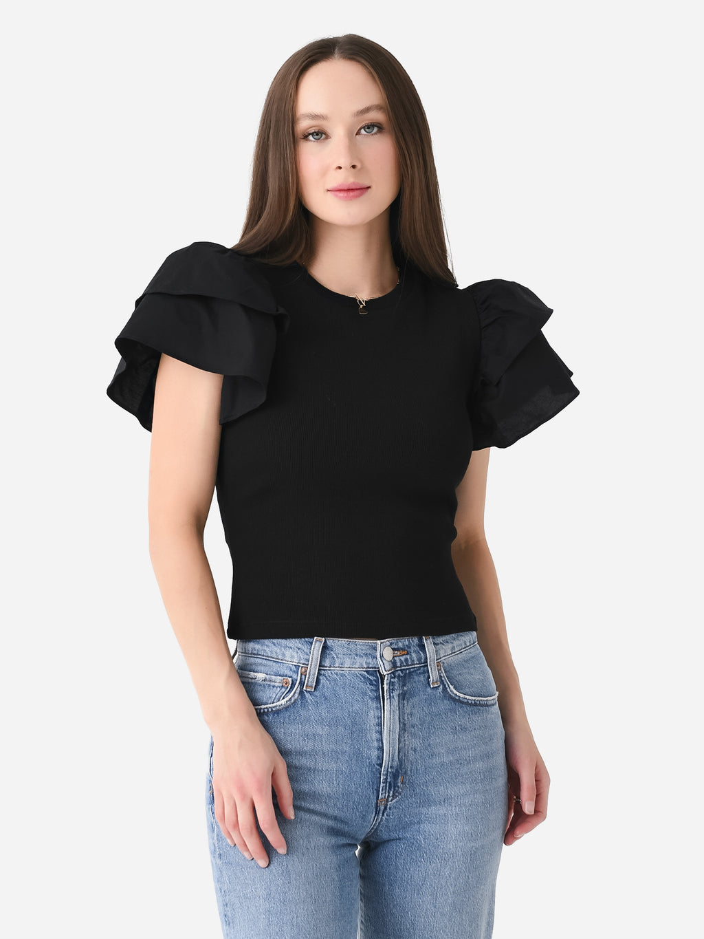 English Factory Women's Mixed Media Ruffle Top - Saint Bernard