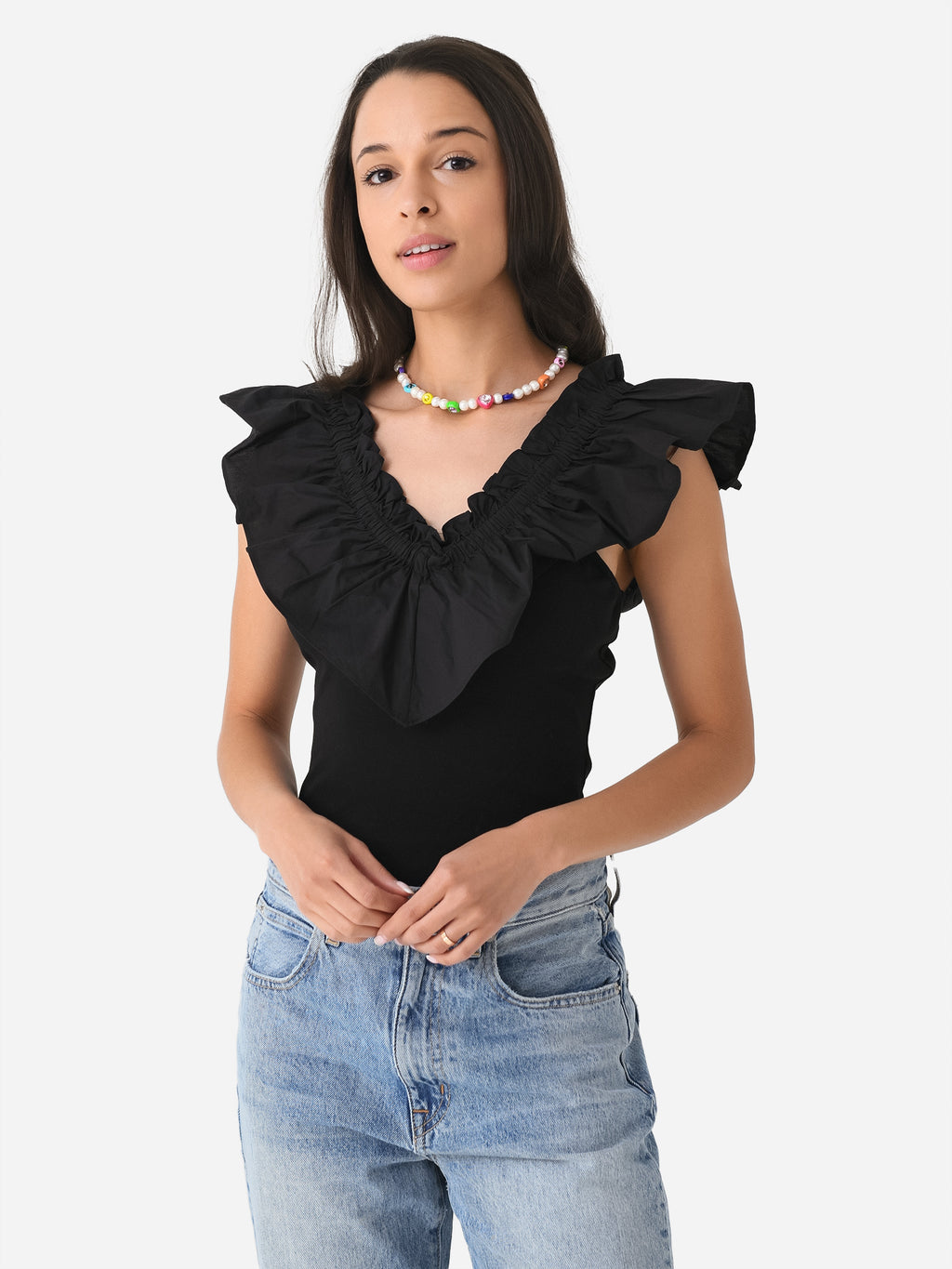 English Factory Women's Mixed Media Ruffle Tank Top - Saint Bernard