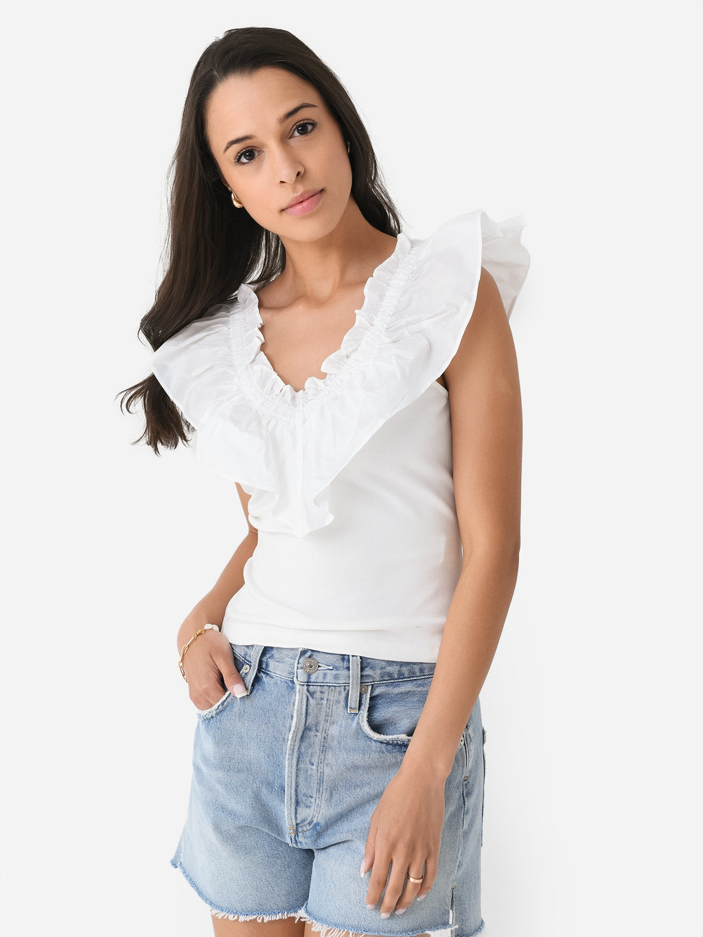 English Factory Women's Mixed Media Ruffle Tank Top - Saint Bernard
