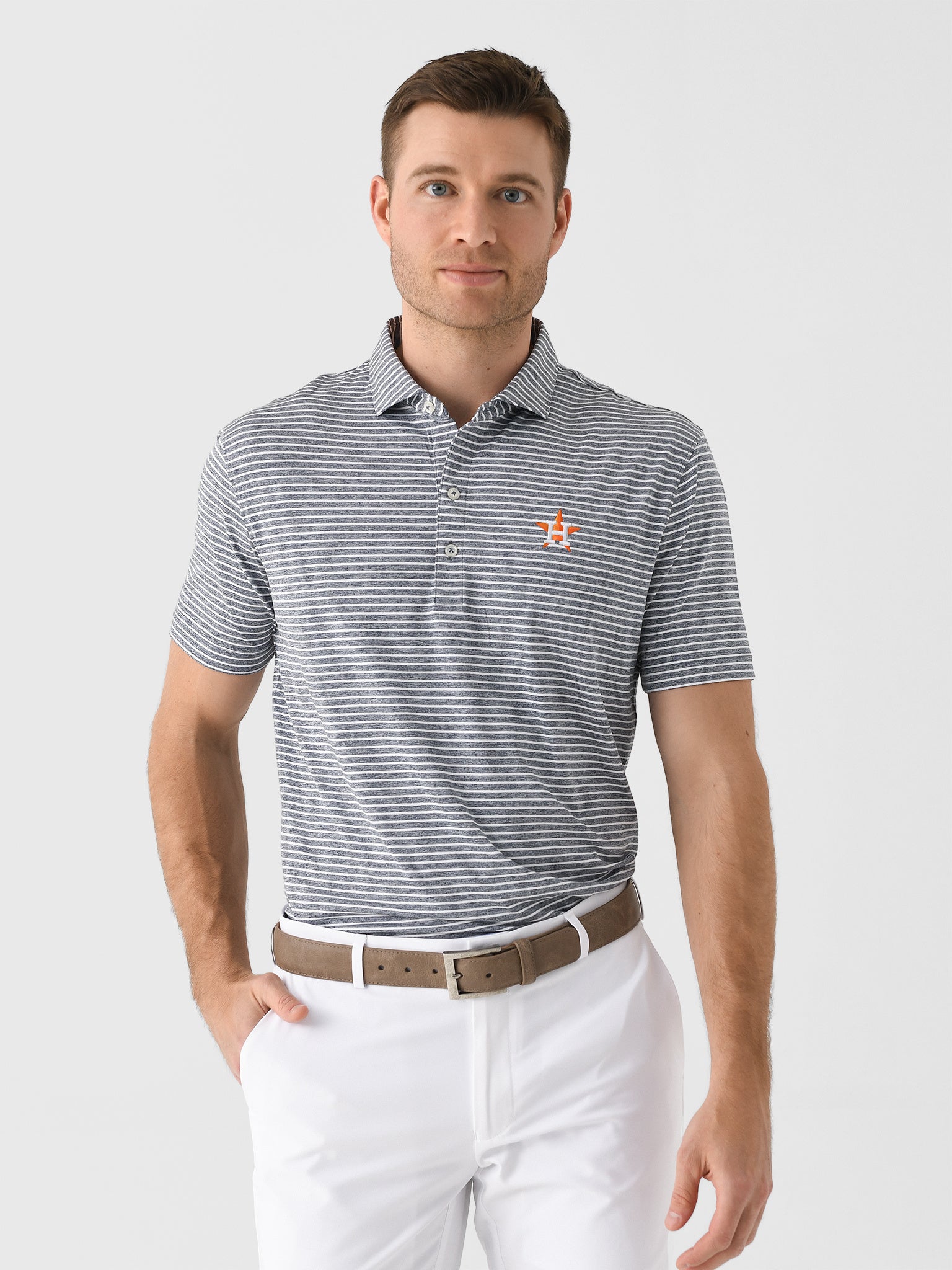 Johnnie-O Men's Houston Astros Clipper Striped Jersey Performance Polo - Saint Bernard