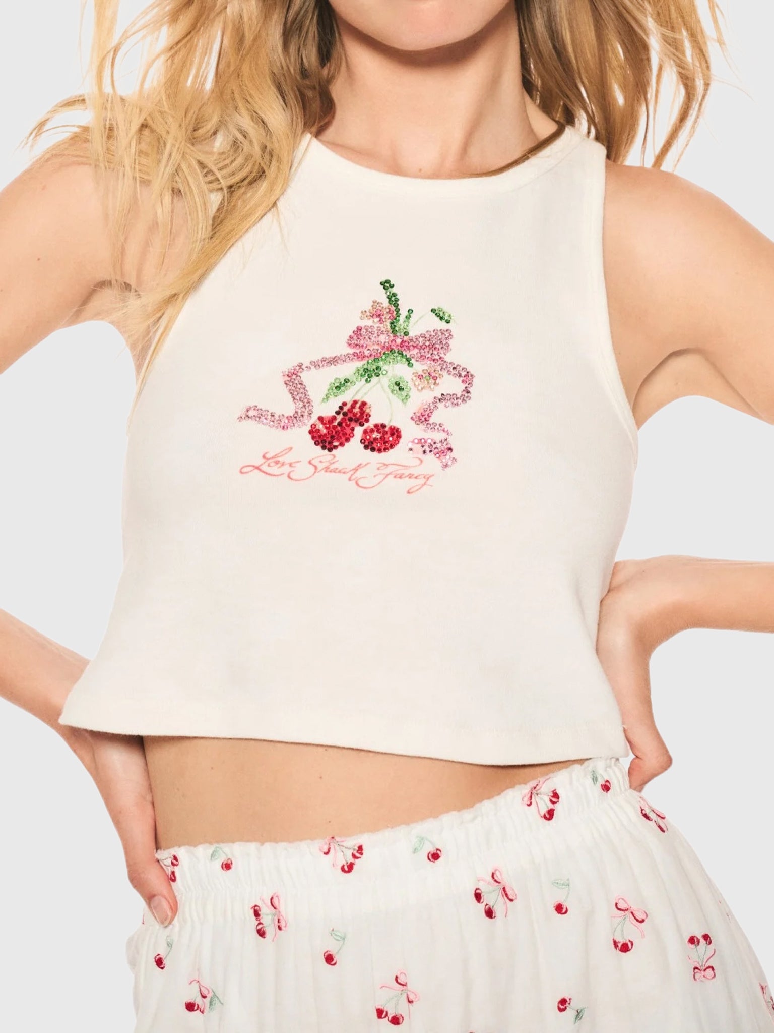 LoveShackFancy Women's Kaleen Cherry Rhinestone Tank Top - Saint Bernard