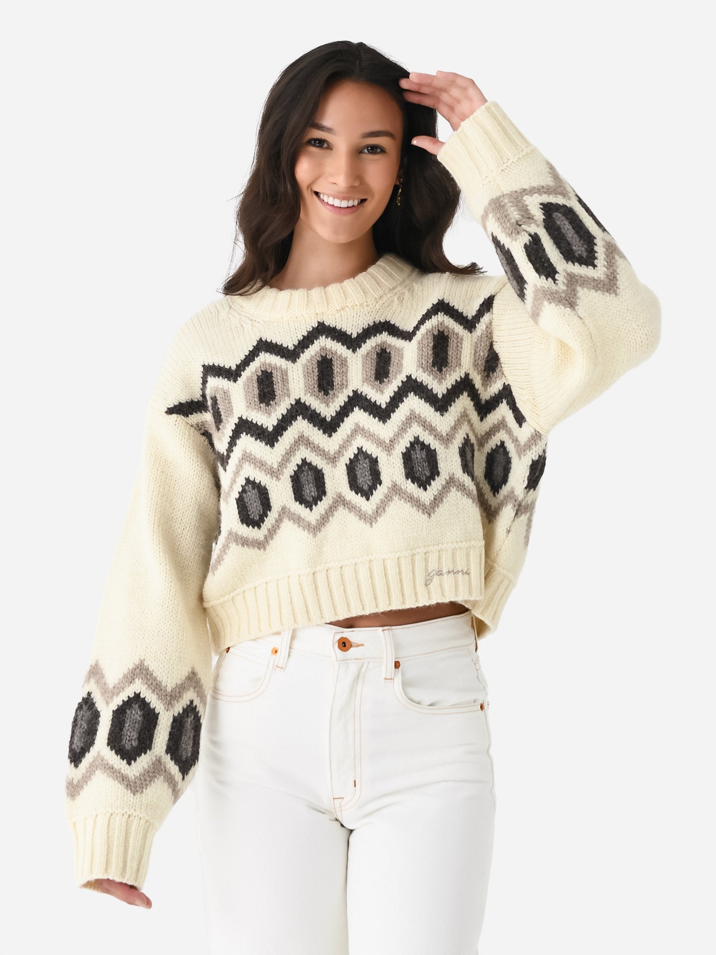 GANNI Women's Chunky Wool Cropped O-Neck Sweater
