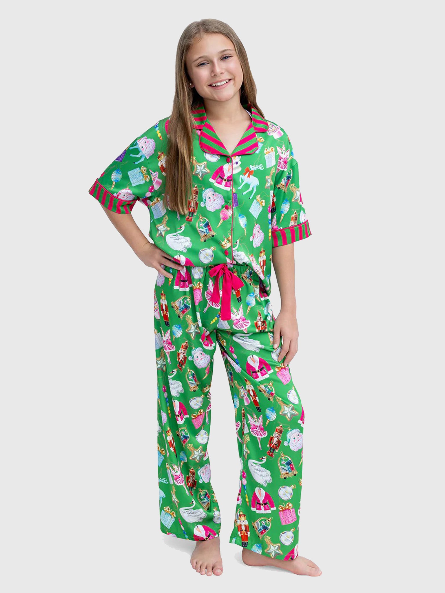 Sunshine Society Girls' Silky Holiday Baubles Pajama Set - Saint Bernard