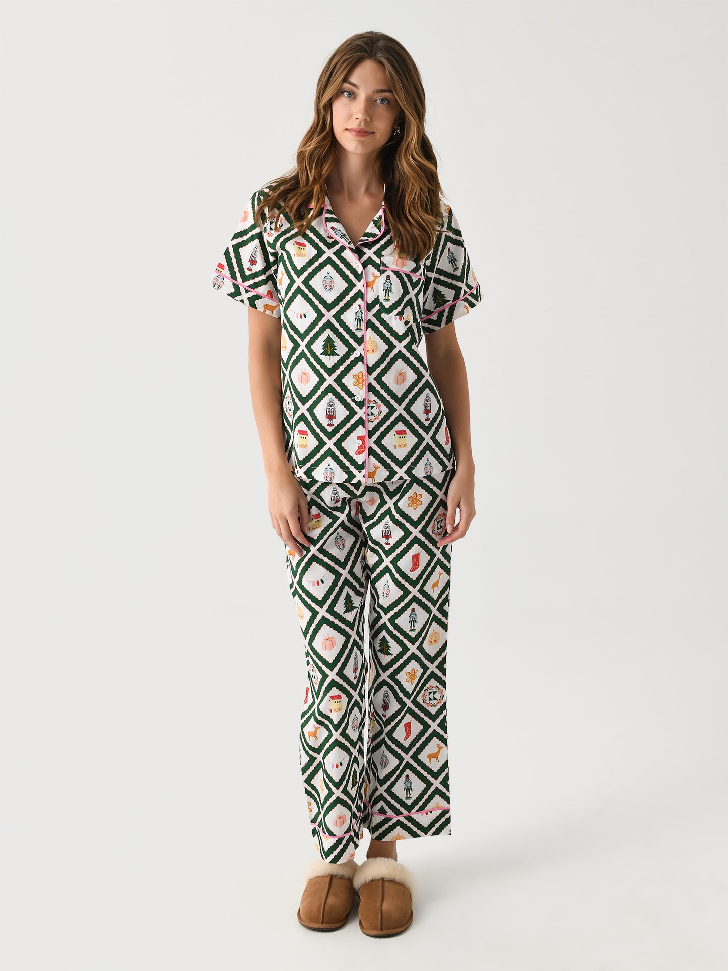Katie Kime Women's Holiday Lattice Pant Pajama Set - Saint Bernard