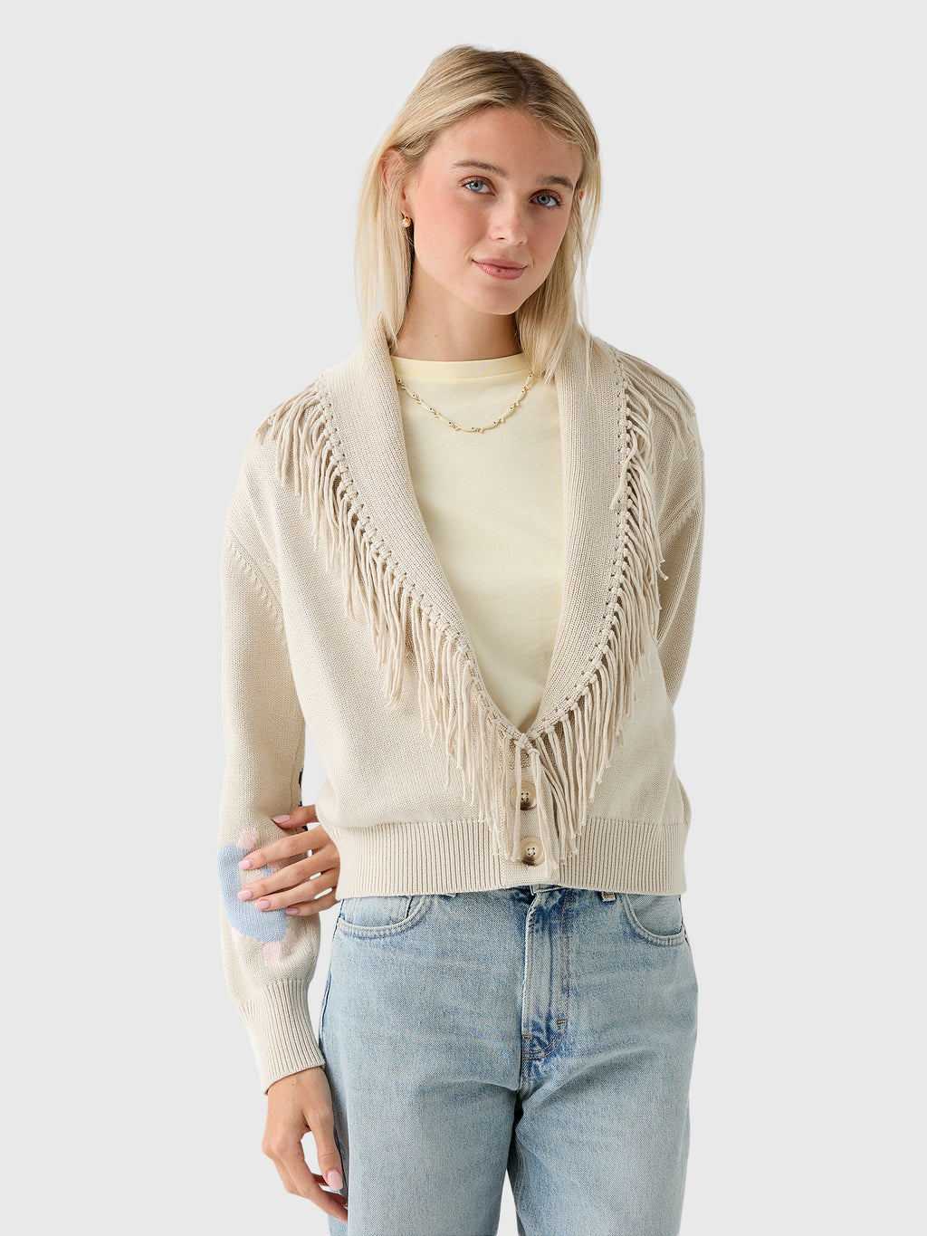 Kerri Rosenthal Women's Fringe Shawl Collar Cardigan - Saint Bernard