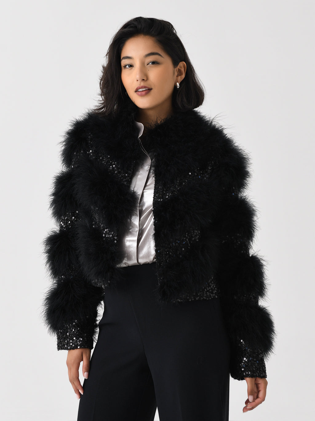 LoveShackFancy Women's Curran Sequin Feathered Jacket - Saint Bernard