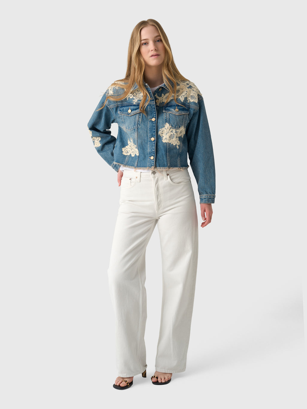 LoveShackFancy Women's Amana Lace Appliqué Denim Jacket - Saint Bernard