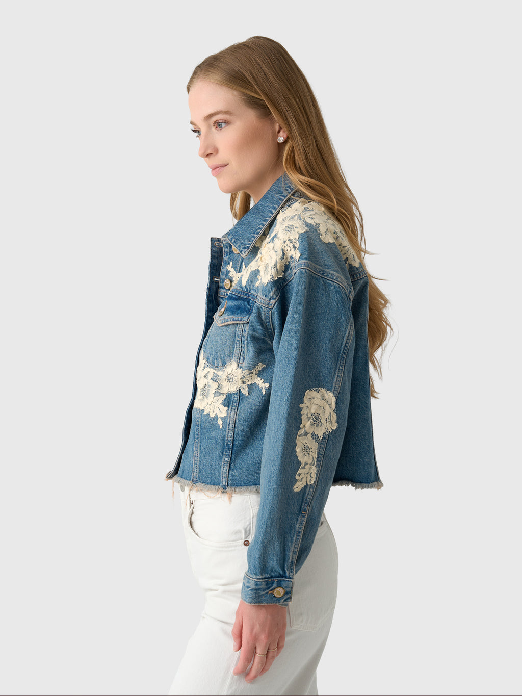 LoveShackFancy Women's Amana Lace Appliqué Denim Jacket - Saint Bernard